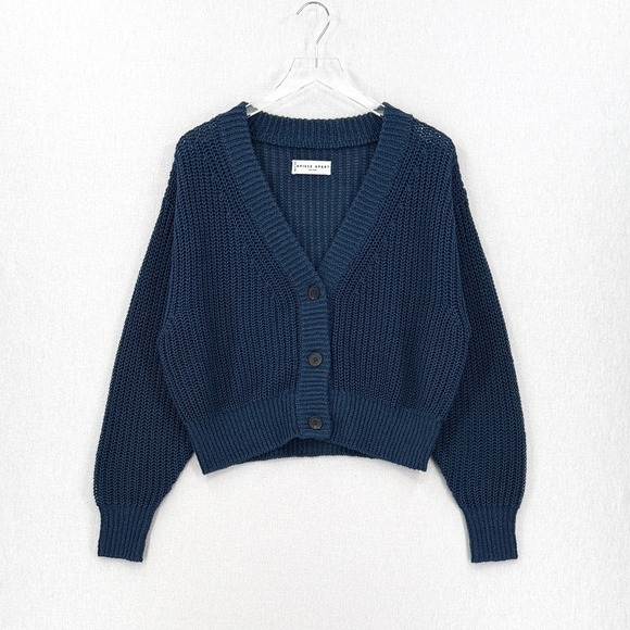 APIECE APART Gada Cropped Cardigan Sweater Womens Small Navy Blue Linen Slouchy - Picture 3 of 12